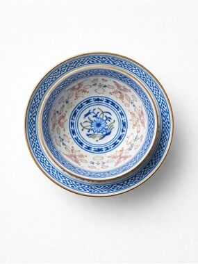 Vintage Style Blue & Red Pattern Porcelain Dish Set-Decorative Asian